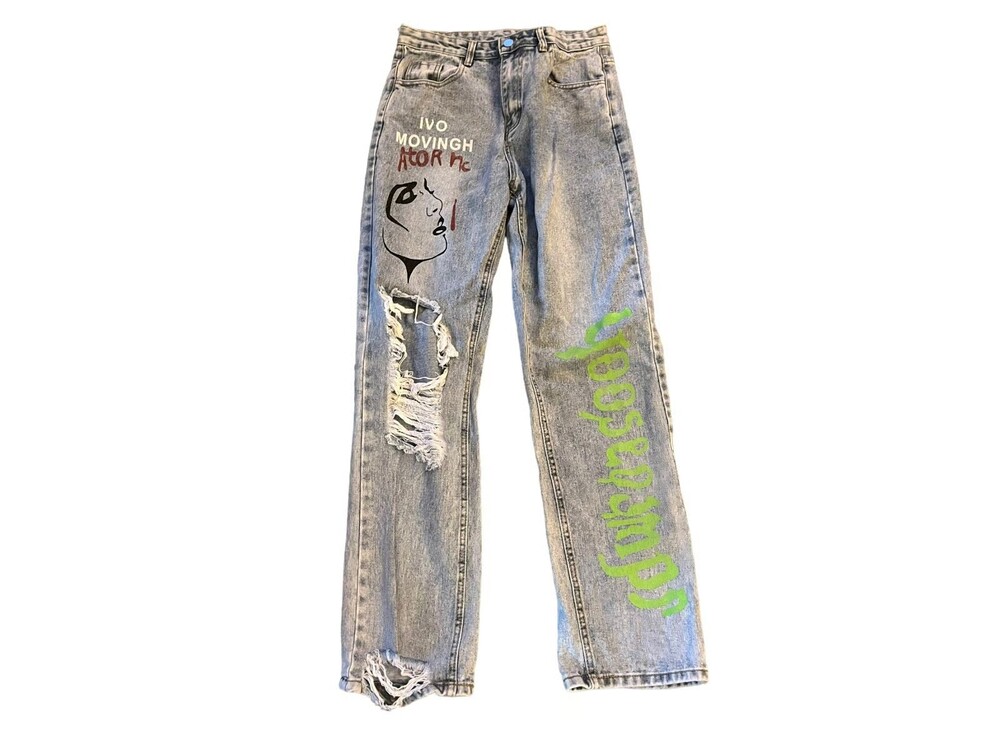 Shein size M Comic Cartoon Graphic Denim Distressed Straight Leg 32" X 32" Jeans